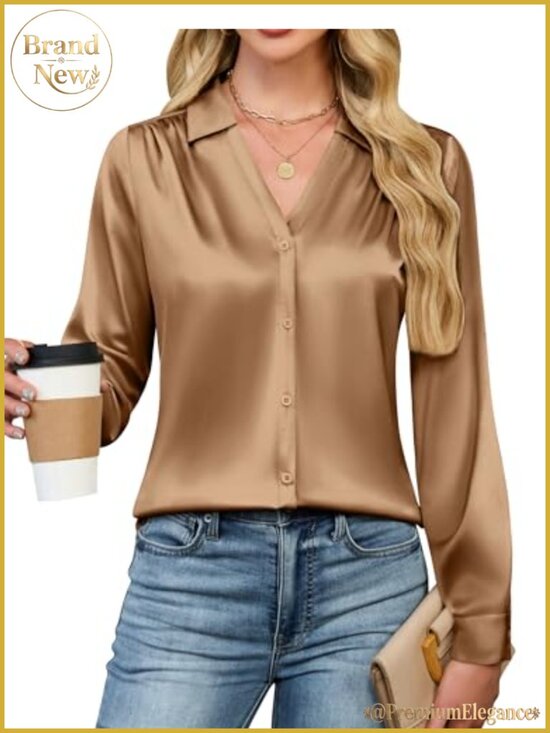 Tops - Satin Button Down V-Neck Long Sleeve Blouse Pleated Tunic Business Casual